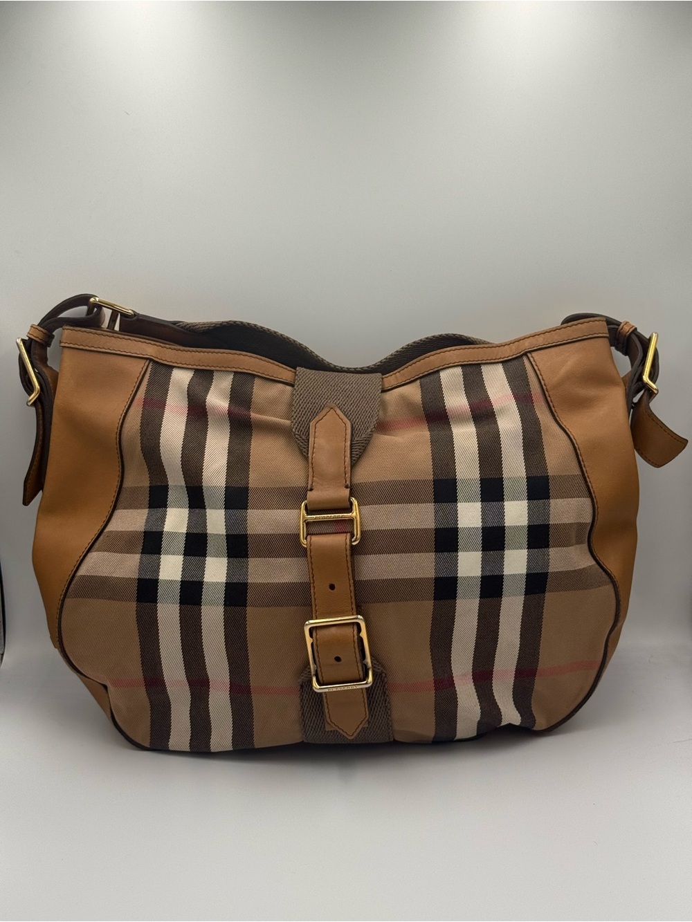 Burberry Haymarket House Check Leather and Canvas Hobo Bag - Picture 1 of 15